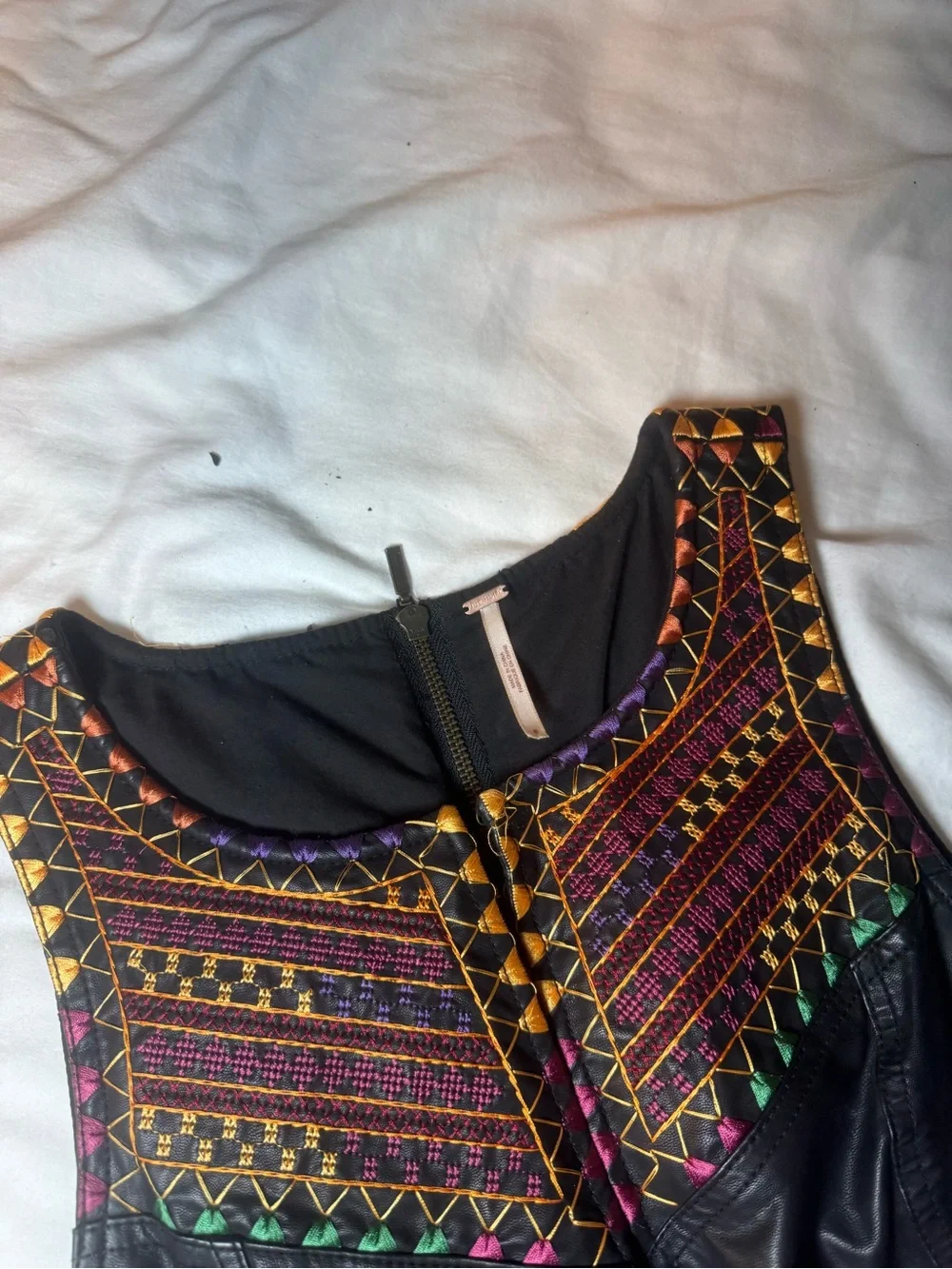 Free People Sleeveless Black Vegan-Leather Dress with Colorful Embroidered Yoke